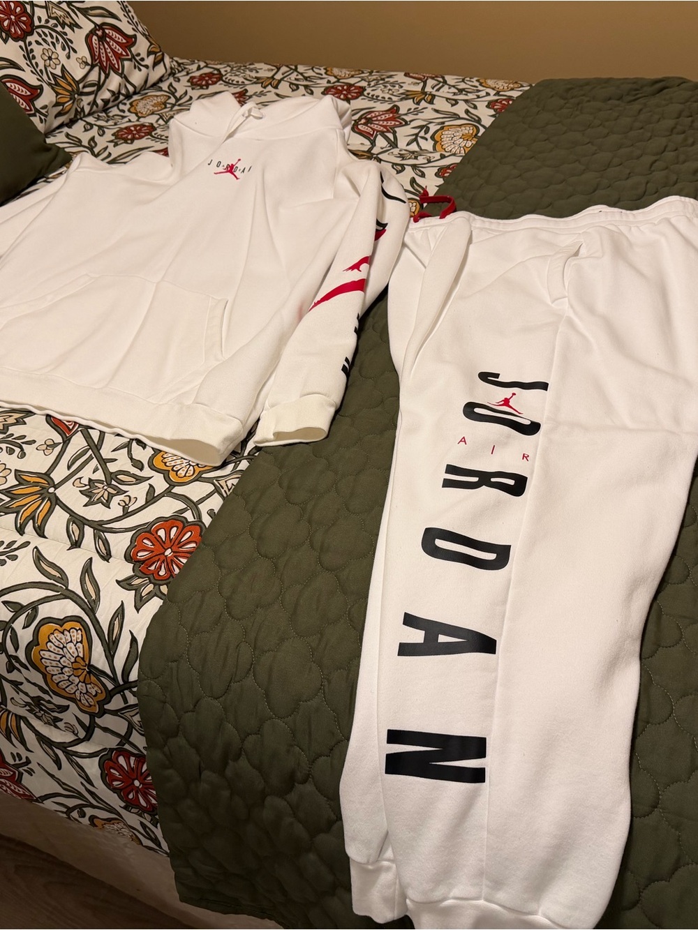 Jordan White Hoodie & Joggers Set with Black and Red Accents like new